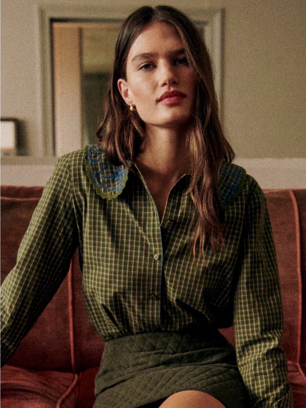ISO Sézane Thomy Olive Green Checked Button-Down Shirt with Embroidered Collar